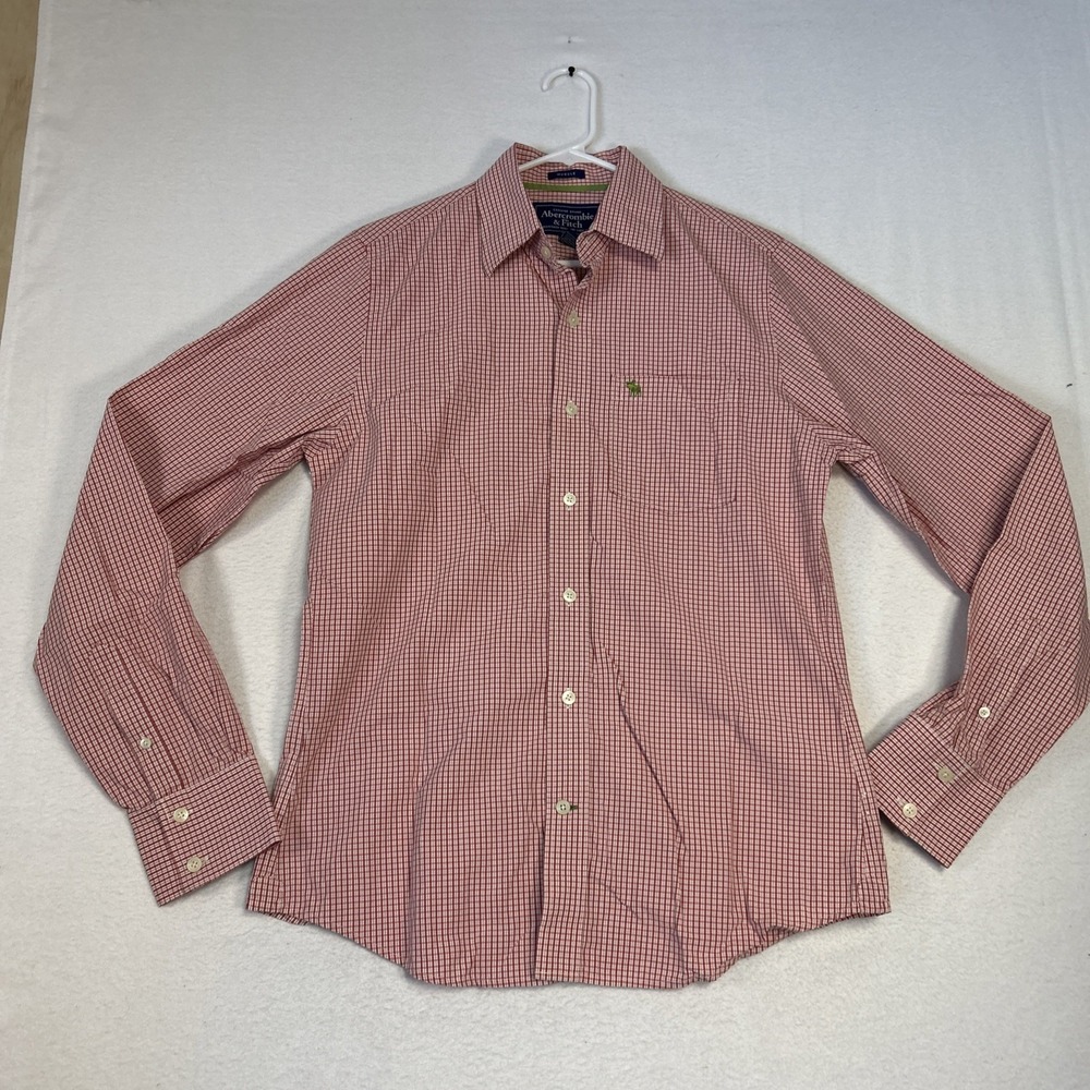 Abercrombie & Fitch Shirt Mens Medium Muscle Red White Plaid Button Long Sleeve